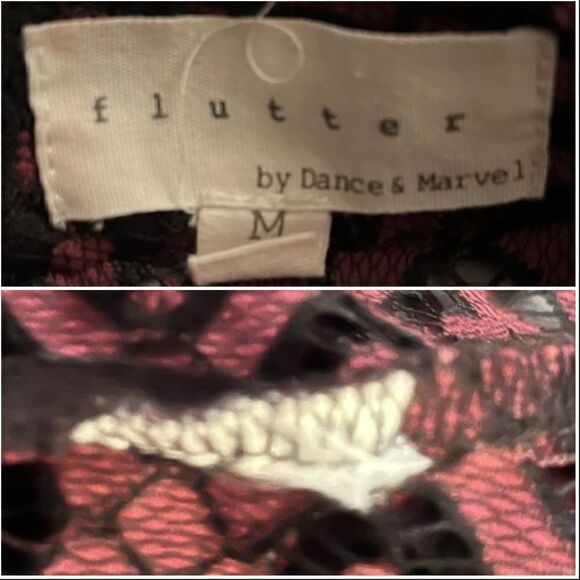 Dance & Marvel Lace Mockneck Open Back Feather Trim Blouse Maroon Black M - Picture 10 of 11